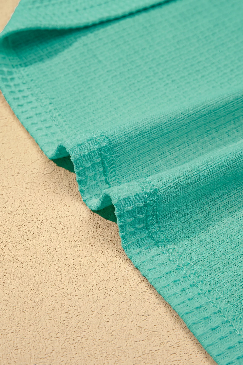 Load image into Gallery viewer, DLLS702 - Ladies Mint Green Lace Splicing Button Cutout V Neck Waffle Knit Blouse
