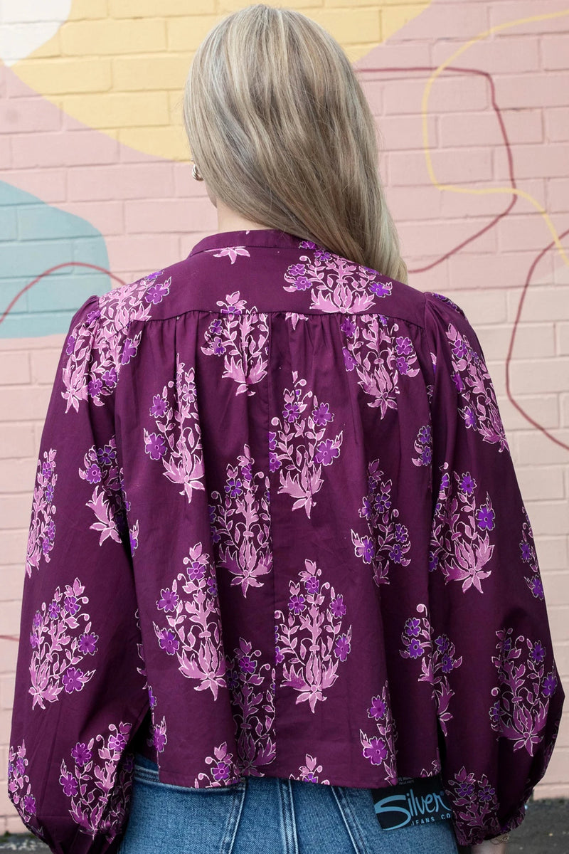 Load image into Gallery viewer, DLLS765 - Ladies Purple Floral Print Button Front Long Puff Sleeve Shirt
