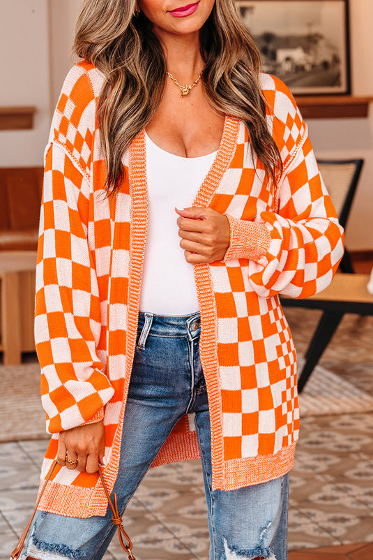 DLLS129 - Ladies Orange Checkered Open Front Drop Shoulder Cardigan