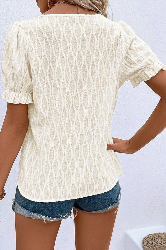 DLLS335 - Ladies White Solid Color Textured Notched Neck Puff Sleeve Blouse