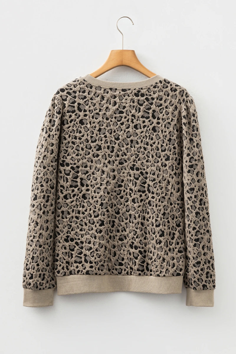 Load image into Gallery viewer, DLLS301 - Ladies Khaki Ribbed Trim Leopard Print Long Sleeve Top
