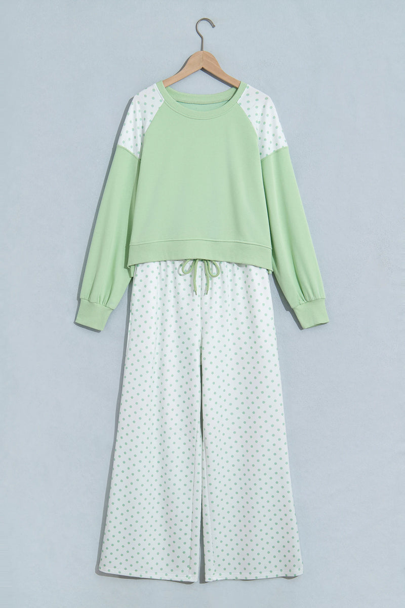 Load image into Gallery viewer, DLLS1088 - Ladies Green Polka Dot Patchwork Colorblock Long Sleeve Casual Two Piece Pants Set
