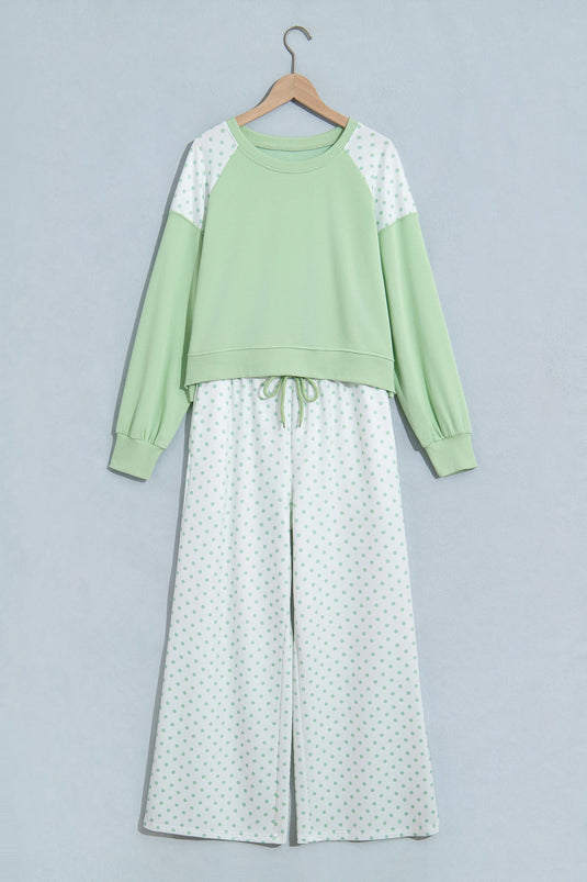 DLLS1088 - Ladies Green Polka Dot Patchwork Colorblock Long Sleeve Casual Two Piece Pants Set