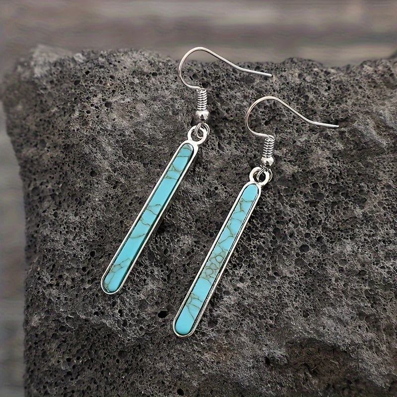Load image into Gallery viewer, TMER49 - Medium Drop Syn. Turq. Inlaid Earrings
