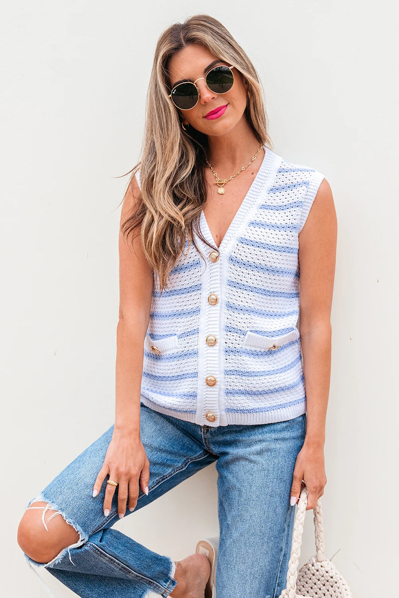Load image into Gallery viewer, DLLS459 - Ladies Sky Blue Stripe V Neck Gold Buttons Elegant Sweater Vest
