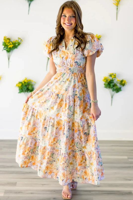 DLLS607 - Ladies Orange Floral Bubble Sleeve V Neck Flared Maxi Dress