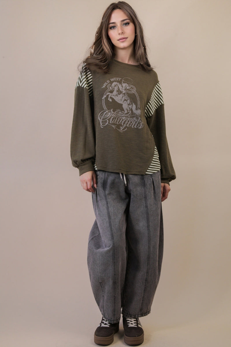 Load image into Gallery viewer, Very 11 - Ladies Oversized Mixed Media Western Graphic Knit Top
