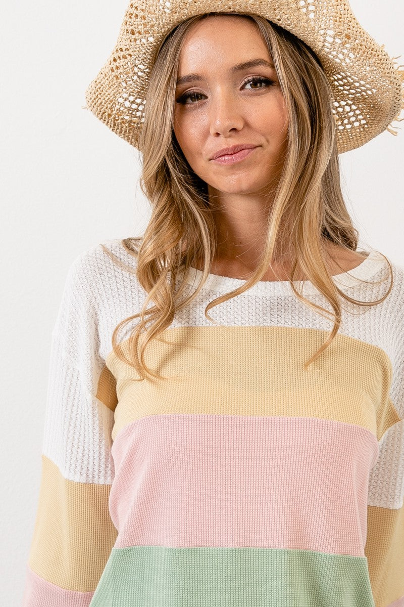 Load image into Gallery viewer, BIBI5- Ladies Thermal Color Block Waffle Crew Neck Top
