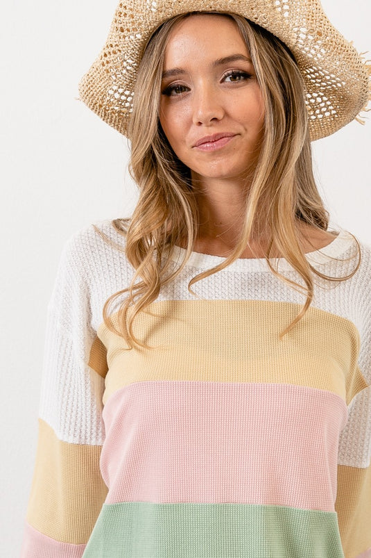 BIBI5- Ladies Thermal Color Block Waffle Crew Neck Top