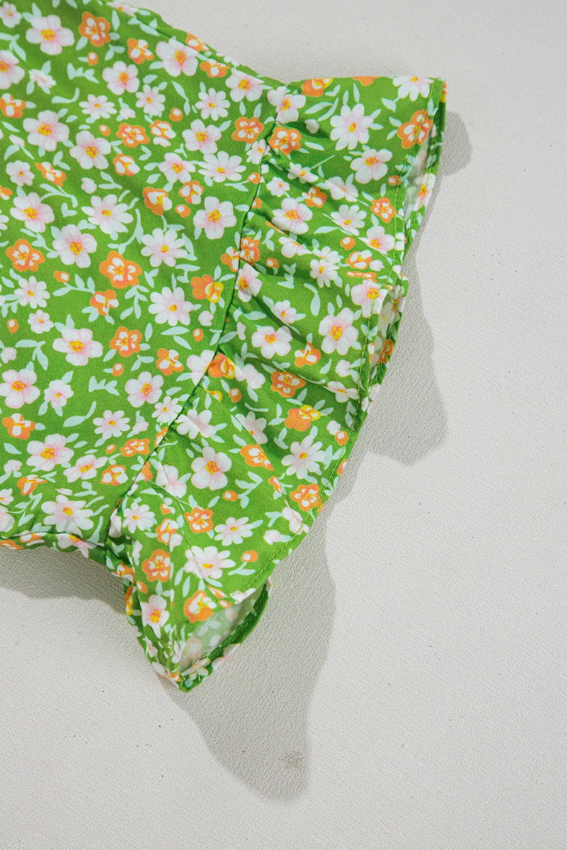 Load image into Gallery viewer, DLLS562 - Ladies Green Floral Print Ruffle Sleeve V Neck Blouse Top
