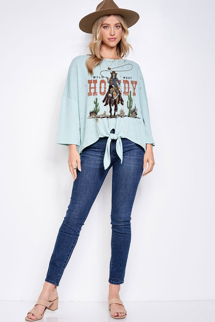 Load image into Gallery viewer, PL5 - Ladies Howdy Western Print Tie Front Top
