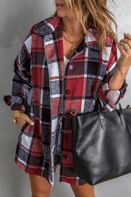 DLLS261 - Ladies Fiery Red Plaid Print Buttoned Shirt Jacket