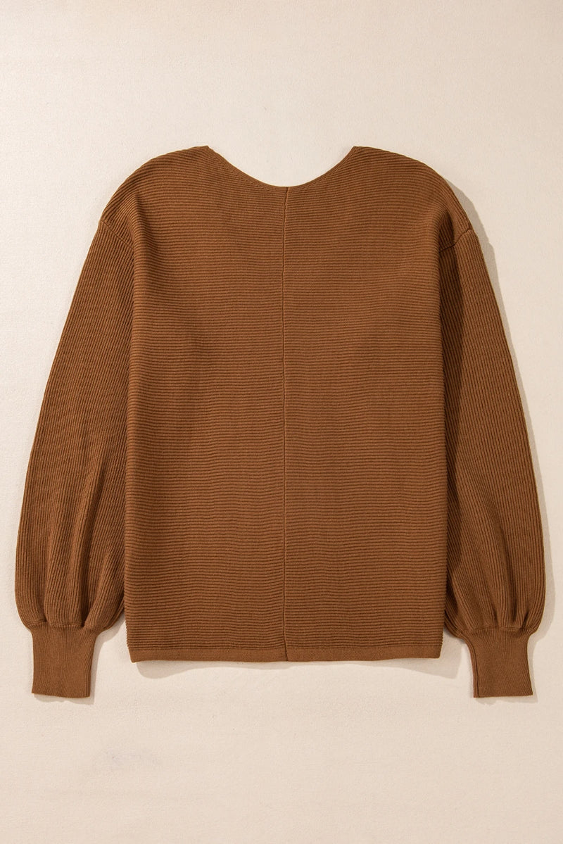 Load image into Gallery viewer, DLLS136 - Ladies Camel Ribbed Knit Drop Sleeve V Neck Loose Fit Sweater
