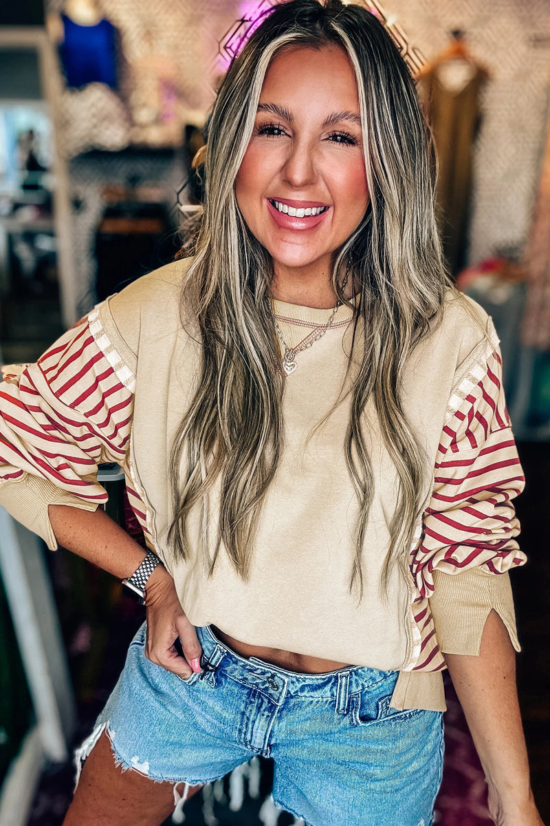 Load image into Gallery viewer, DLLS927 - Ladies Red Stripe Sleeve Patchwork Casual Knit Top
