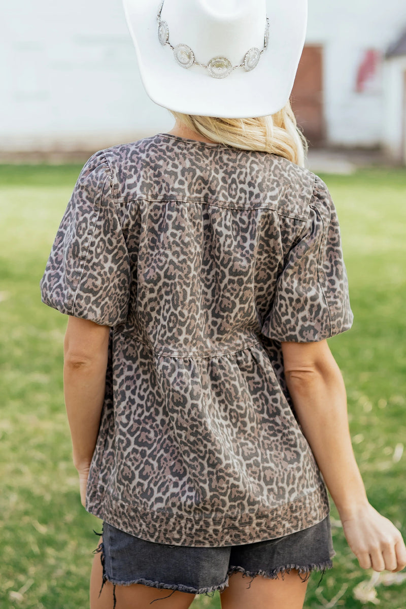 Load image into Gallery viewer, DLLS940 - Ladies Brown Leopard Tie Neck Short Puff Sleeve Denim Babydoll Top
