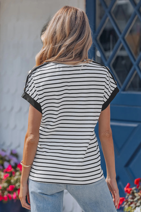 DLLS624 - Ladies Black Stripe Cuffed Sleeve Button Detail Loose Tee