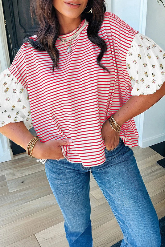 DLLS558 - Ladies Red Stripe Floral Puff Sleeve Patchwork Round Neck Loose Top
