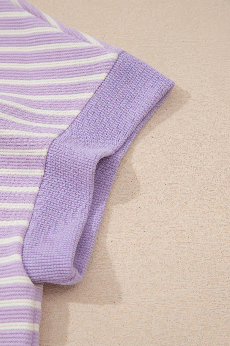 Load image into Gallery viewer, DLLS699 - Ladies Purple Striped Colorblock Paneling Collar Cuff Hem Texture T-Shirt
