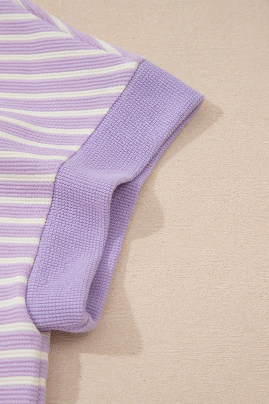 DLLS699 - Ladies Purple Striped Colorblock Paneling Collar Cuff Hem Texture T-Shirt