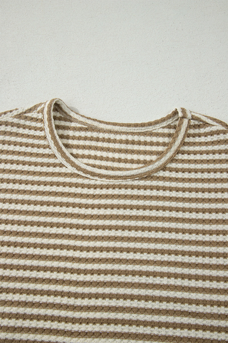 Load image into Gallery viewer, DLLS618 - Ladies Brown Stripe Breathable Textured Knit Short 2pcs Set
