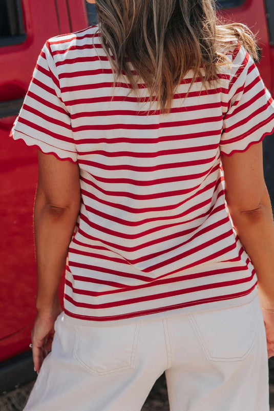 DLLS349 - Ladies Red Stripe Scalloped Trim Round Neck T Shirt