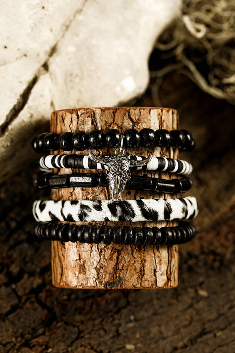 Load image into Gallery viewer, DLLBC 24 - Color Black Timber Beads Western Skull Head Charm 5pcs Bracelet Set
