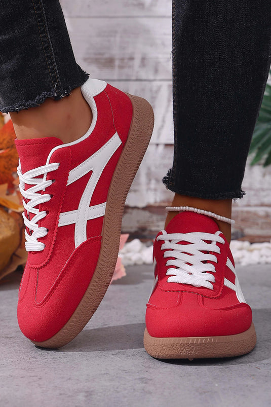 DLLSHOE 201 - Racing Red Faux Suede Contrast Patchwork Detail Lace Up Flat Sneakers