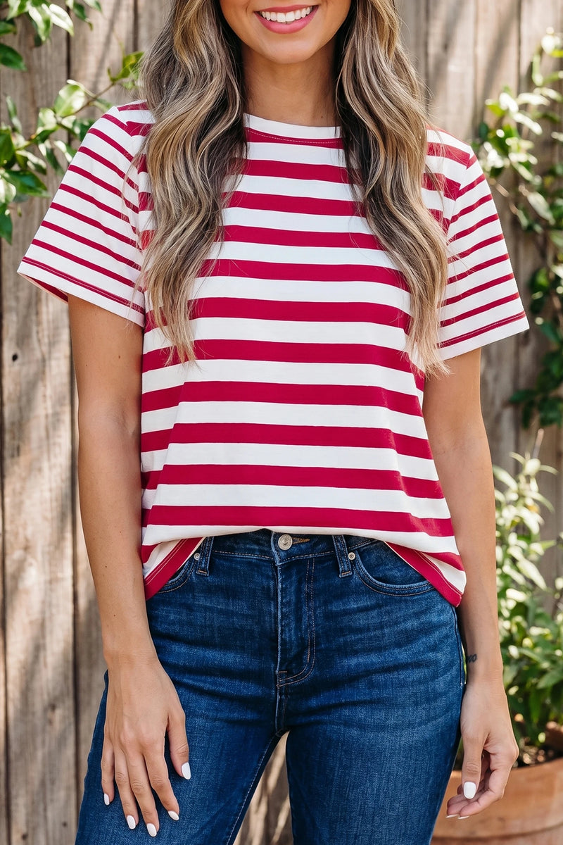 Load image into Gallery viewer, DLLS634 - Ladies Red Stripe Patchwork Round Neck T Shirt
