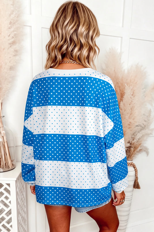 DLLS1080 - Ladies Blue Polka Dot Patchwork Colorblock Long Sleeve Top