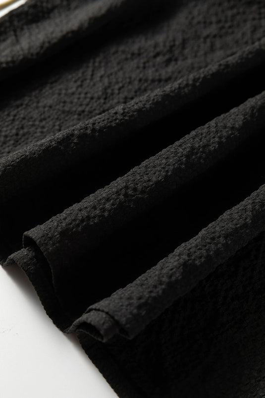DLLS434 - Ladies Black Color Block Patchwork Detail V Neck Textured Long Sleeve Blouse