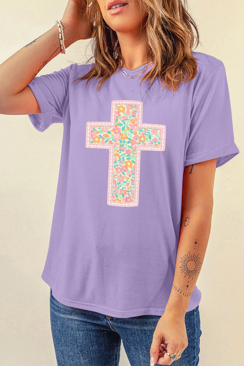 Load image into Gallery viewer, DLLS465 - Ladies Wisteria Easter Floral Cross Christian Casual Tee
