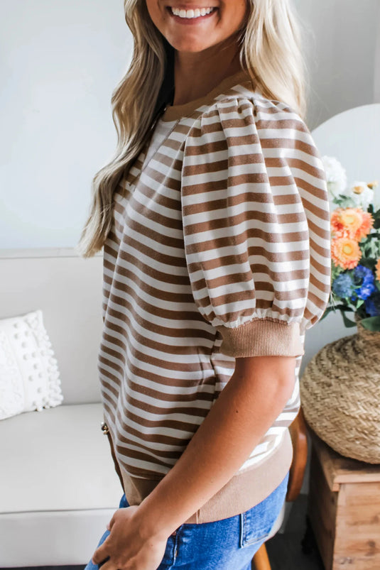 DLLS548 - Ladies Khaki Stripe Short Bubble Sleeve T Shirt