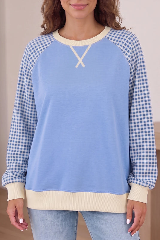 DLLS890 - Ladies Light Blue Plaid Sleeve Colorblock Raglan Pullover Sweatshirt