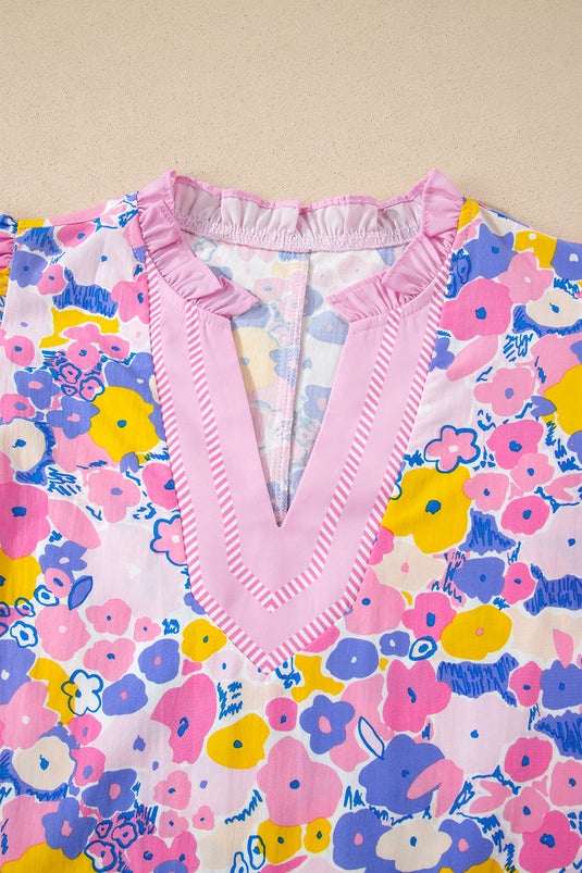 DLLS553 - Ladies Pink Floral Print Striped Color Block V Neck Flutter Sleeve Blouse
