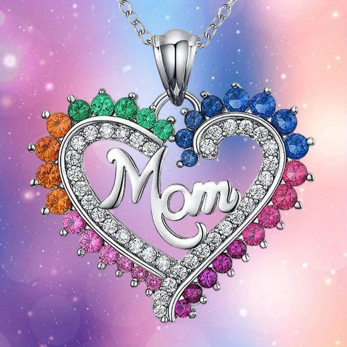 TMNK9 - Heart Shaped Multi-Colored Rhinestone Mom Necklace