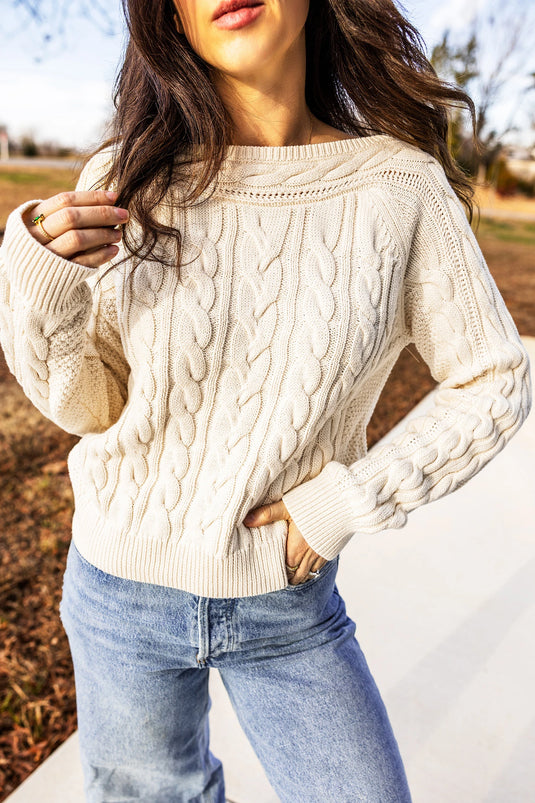 DLLS1146 - Ladies Beige Drop Shoulder Round Neck Cable Knit Sweater