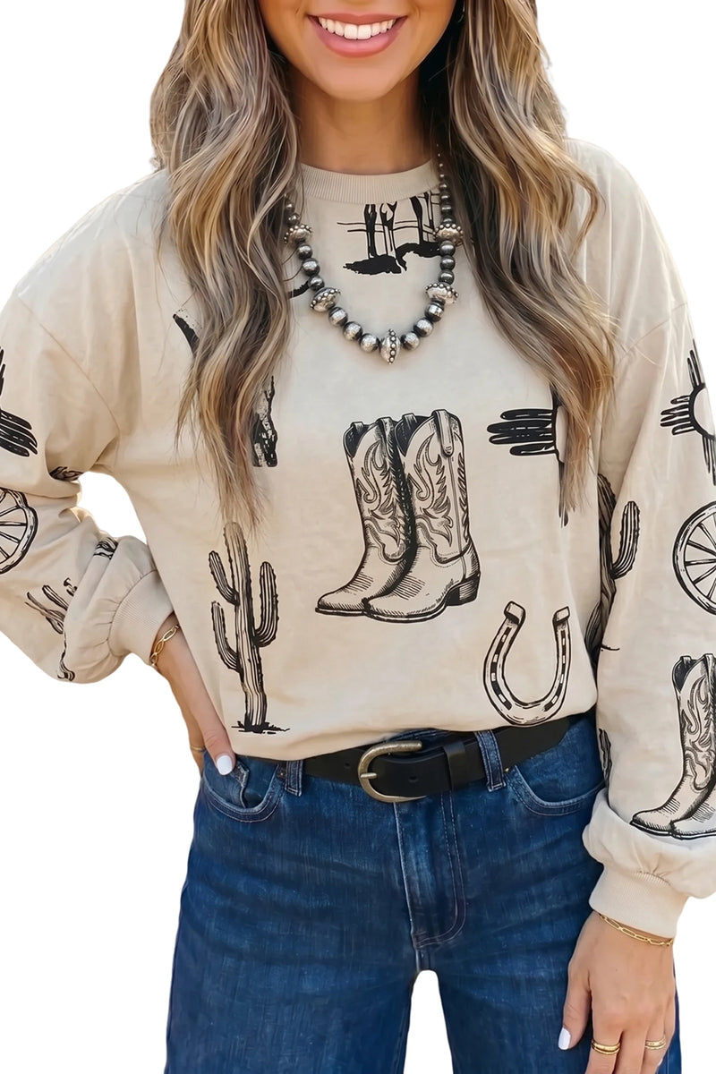 Load image into Gallery viewer, DLLS1144 - Ladies Khaki Western Print Long Sleeve Round Neck Loose Top
