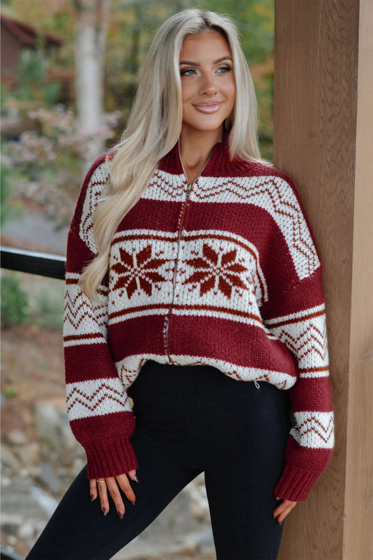 DLLS831 - Ladies Red Geometric Pattern Zip-Up Knit Long Sleeve Regular Fit Cardigan