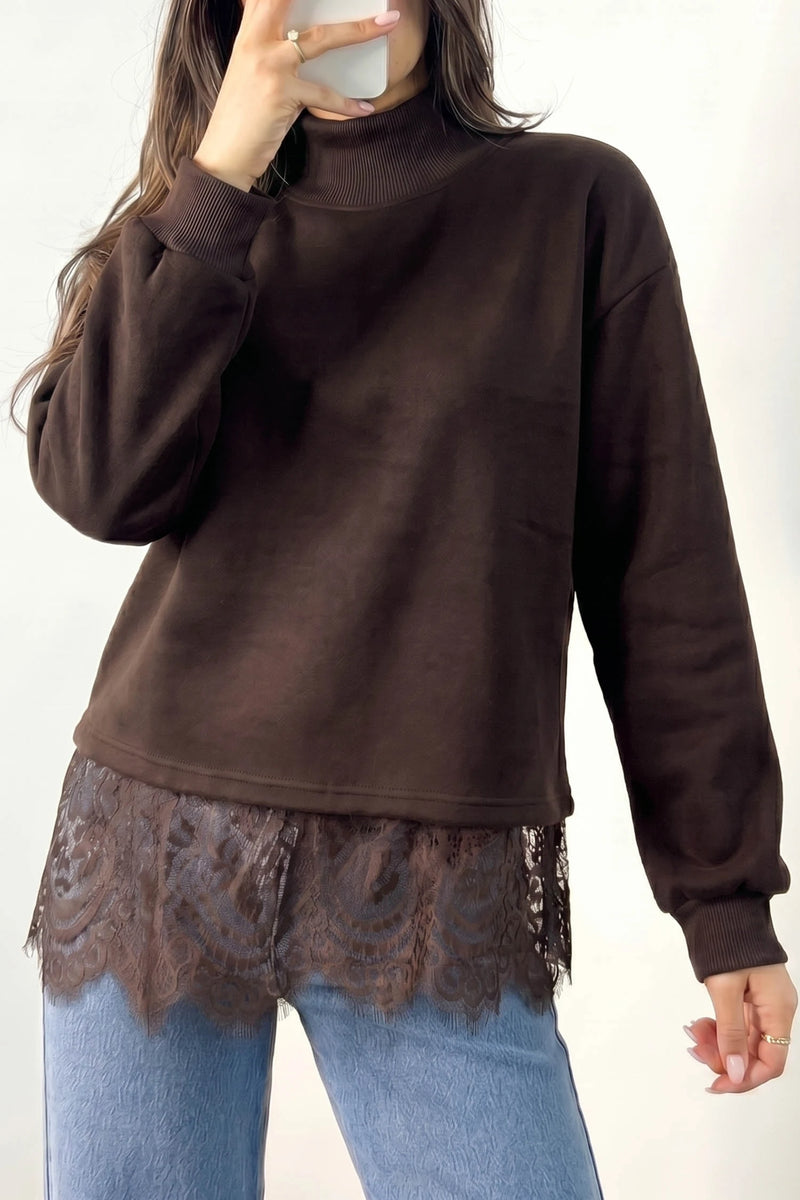 Load image into Gallery viewer, DLLS1060 - Ladies Coffee Solid Color High Neck Lace Splicing Hem Pullover Sweatshirt
