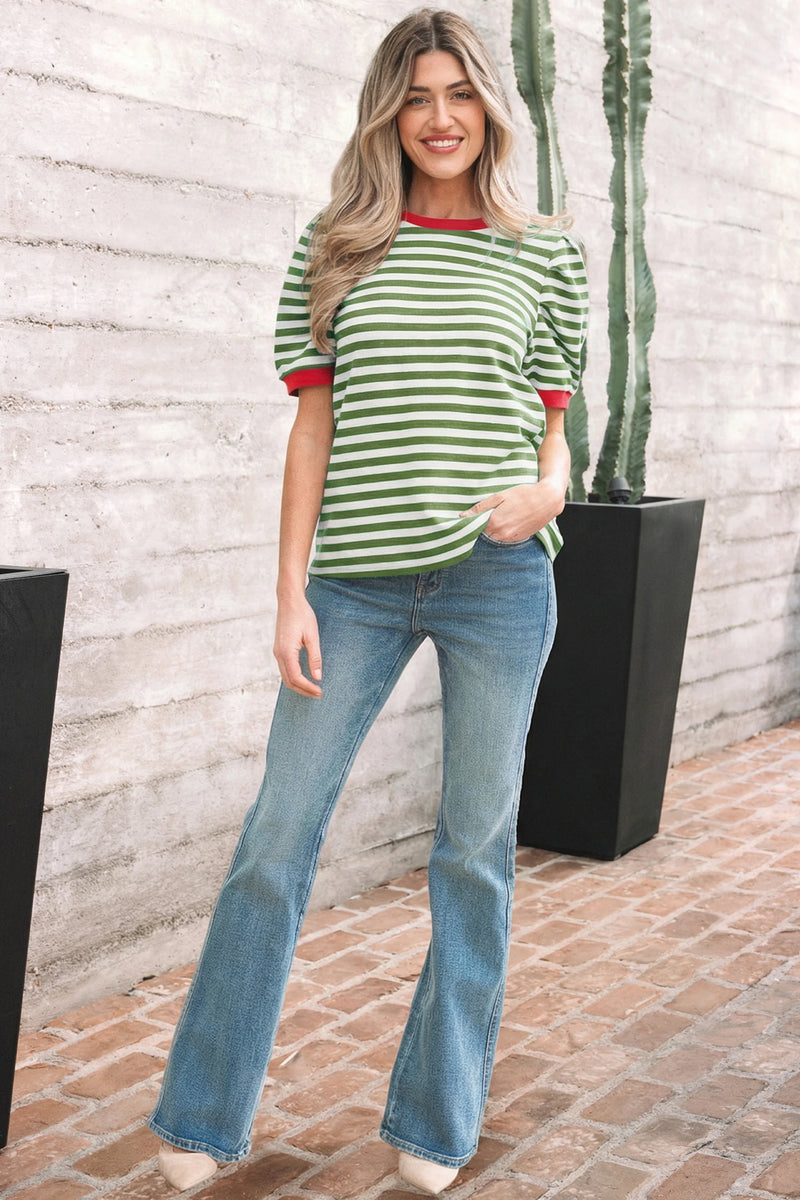 Load image into Gallery viewer, DLLS435 - Ladies Green Stripe Short Puff Sleeve Contrast Trim Round Neck Tee

