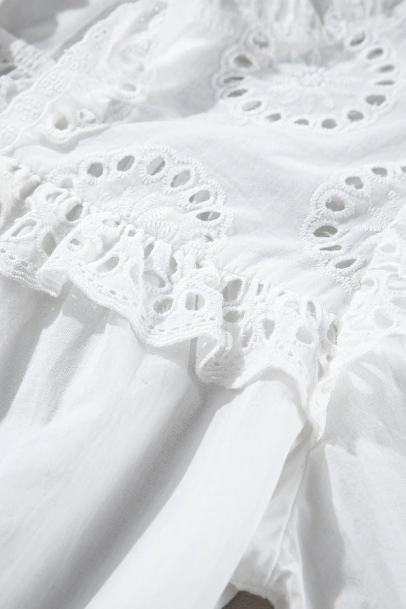 Load image into Gallery viewer, DLLS366 - Ladies White Embroidered Lace Patchwork Tie Neck Puff Short Sleeve Blouse

