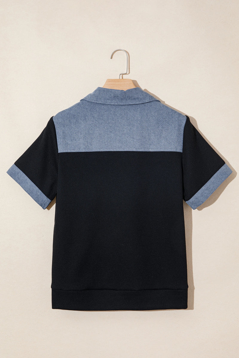 Load image into Gallery viewer, DLLS942 - Ladies Black Waffle Knit Denim Color Block Patchwork Button Flap Polo Top
