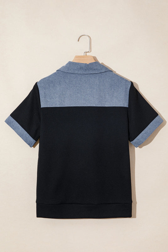 DLLS942 - Ladies Black Waffle Knit Denim Color Block Patchwork Button Flap Polo Top