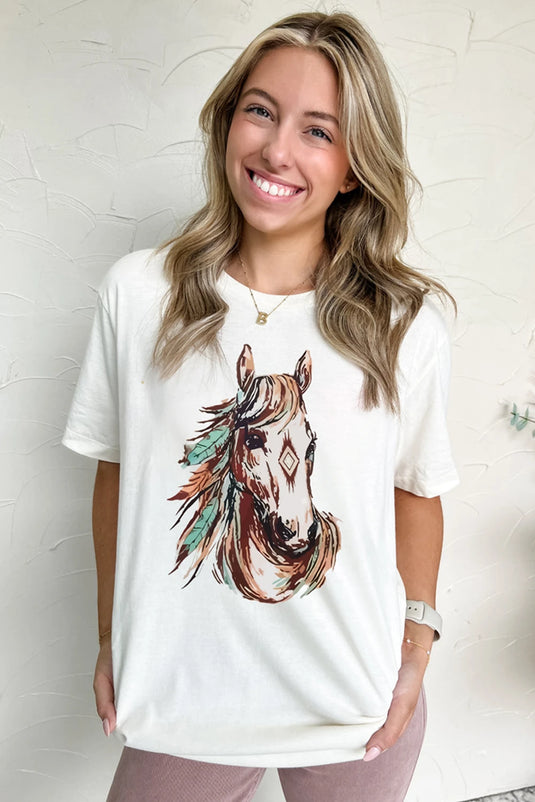 DLLS748 - Ladies White Western Aztec Horse Graphic Crewneck Tee