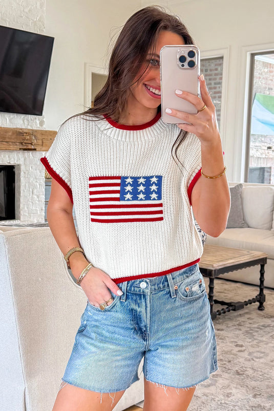 DLLS697 - Ladies White Flag Print Cropped Short Sleeve Sweater