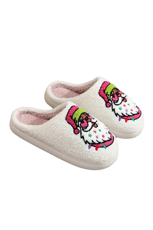 DLLSHOE 130 - White Starry Santa Claus Pattern Christmas Plush Slippers