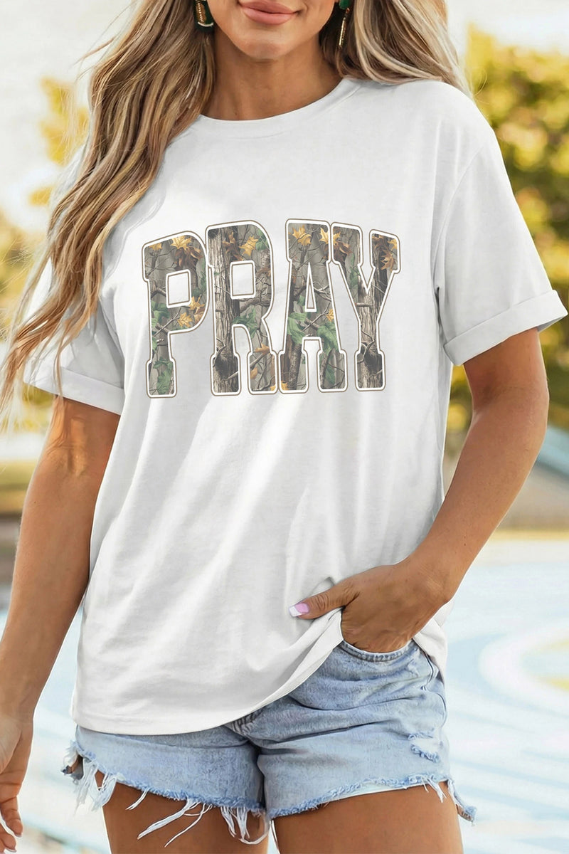 Load image into Gallery viewer, DLLS792 - Ladies White PRAY Camo Letter Print Casual Round Neck T Shirt
