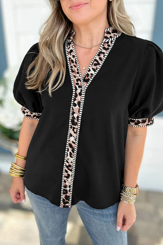 DLLS461 - Ladies Black V Neck Short Puff Sleeve Leopard Trim Button Down Shirt