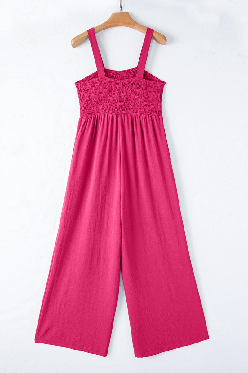 Load image into Gallery viewer, DLLS611 - Ladies Rose Red Smocked Square Neck Sleeveless Jumpsuit with Pockets
