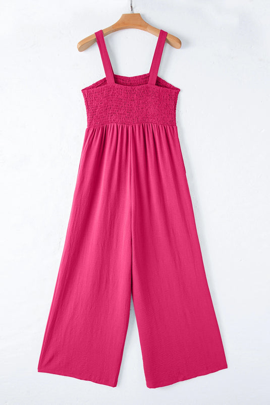 DLLS611 - Ladies Rose Red Smocked Square Neck Sleeveless Jumpsuit with Pockets